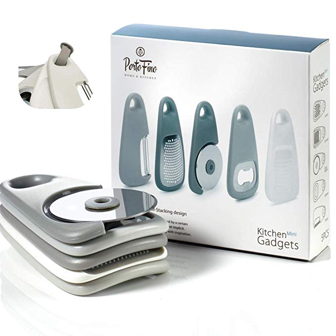 PortoFino 5 Pc. Kitchen Gadget Set – Space Saving Cooking Tools/Food Accessories – Cheese/Chocolate Grater, Garlic/Ginger Grinder, Pizza Cutter, Bottle Opener, Fruit/Vegetable Peeler