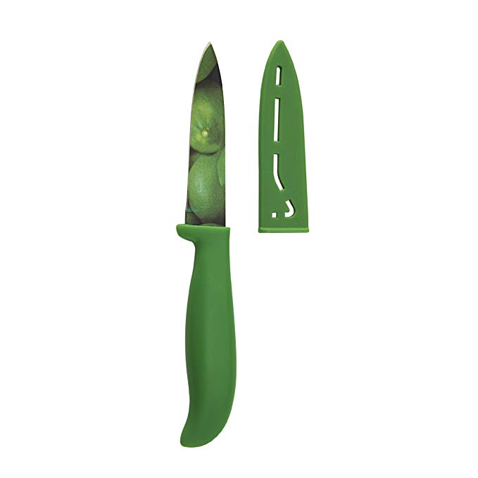 Farberware 5074176 Non-Stick Resin High Carbon Stainless Steel Paring Knife with Sheath, 3.5-Inch, Lime Print