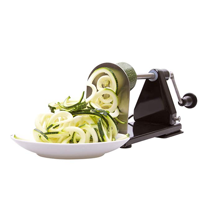 ICO 4-Blade Spiralizer Vegetable Slicer and Curly Fries Maker, Stronger than all Plastic Spiralizers with 3 Interchangeable Blades and 1 Built-In, Black