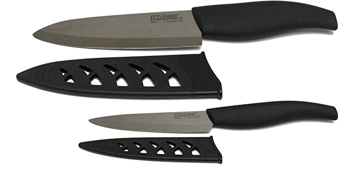 EcoJeannie CKS001 2-Piece Chef's Knife and Paring Knife Set with Advanced Coffee Color Ceramic Blades and Plastic Covers, 6-Inch/4-Inch, Coffee