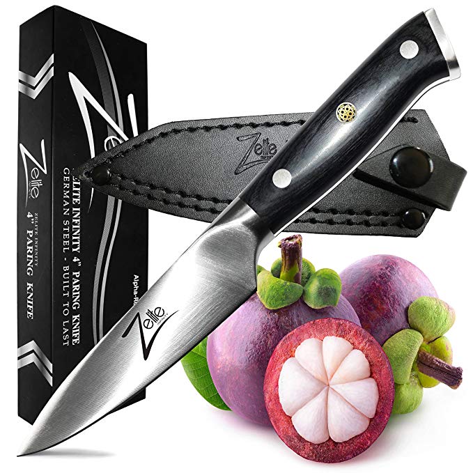 Zelite Infinity Paring Knife 4 inch >> Alpha-Royal Series German Steel – Razor Sharp, Superb Edge Retention, Stain & Corrosion Resistant Chef Knives, Ultra-Premium Leather Sheath” class=”aligncenter”></a><br /><a href=