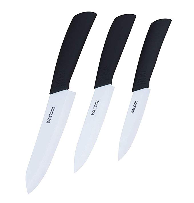 WACOOL Ceramic Knife Set 3-Piece (Includes 6-inch Chef's Knife, 5-inch Utility Knife and 4-inch Fruit Paring Knife), with 3 Knife Sheaths for Each Blade (Black Handle)