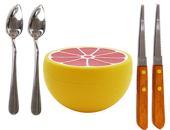 Budays Mart GRAPEFRUIT SET- Two Grapefruit spoons (2), Grapefruit Serrated edge Knife(2), and Grapefruit Saver