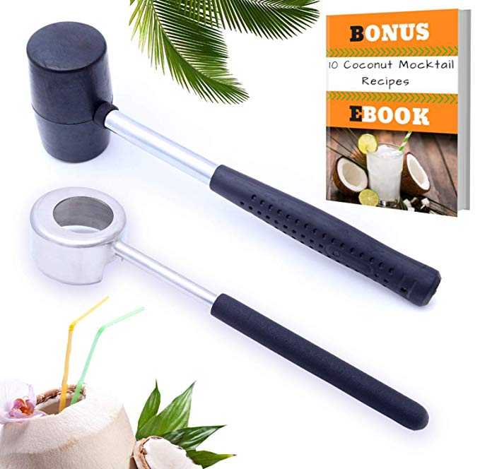 Coconut Opener Tool Set Hammer | Special Coconut Opener Kit | Young Coconuts Opener | Stainless Steel Premium Material | Sturdy and Resistant | With Upgraded Heavy Duty Rubber Mallet | Easy Use