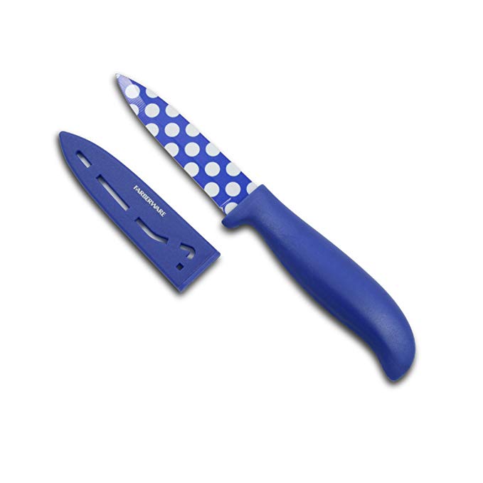 Farberware Paring Knife with Sheath, Blue Polka Dot, 3.5-Inch