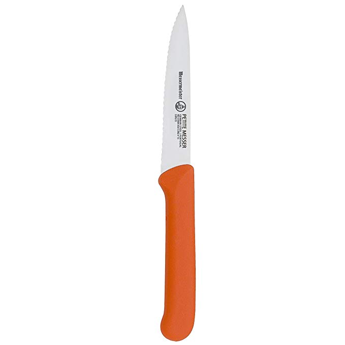 Messermeister Petite Messer Serrated Spear Point Paring Knife with Matching Sheath, 4-Inch, Orange