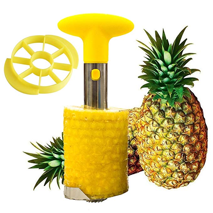 Delsuon Silver Stainless Steel Pineapple Easy De-Corer Slicer Peeler Stem Remover Blades for Diced Fruit Rings Kitchen Tool (Yellow)