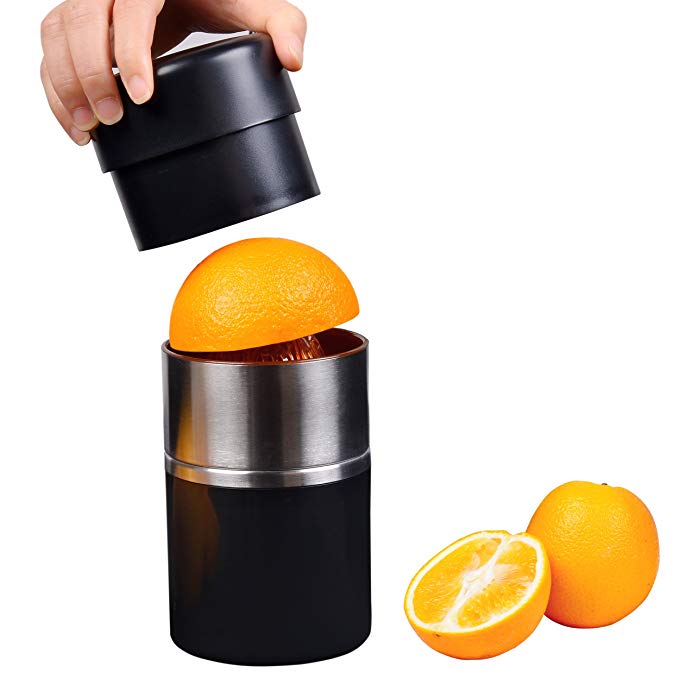 Manual Juicer, Citrus Lemon Grapefruit Press Squeezer, Stainless Steel Hand Juicer with Strainer Container, Black