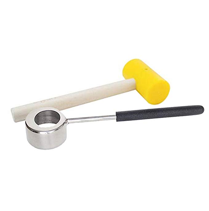 Coconut Opener Tool Set Food Grade 304 Stainless Steel Opener with Wooden Handle Rubber Hammer Easy to Use Durable (Yellow)