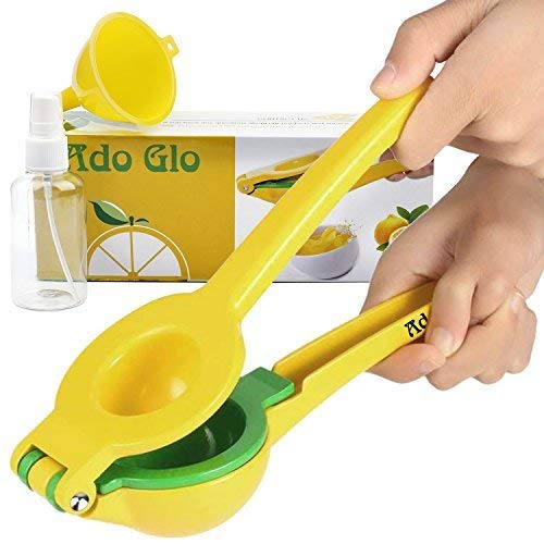 Ado Glo Lemon Squeezer - Heavy Duty Metal Lime Juicer - Manual Citrus Press with Lemon Sprayer & Small Funnel (Yellow)