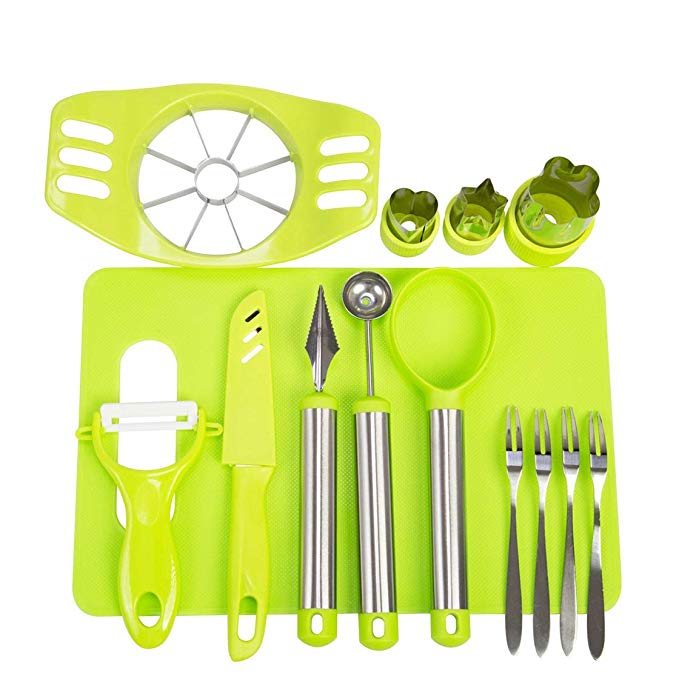 Vegetable Fruit Cutter Shapes Set Fruit Carving Tools DIY Fruit Salad Tool Set Fruit Slicer Kit for Kitchen With Apple Cutter Corer,Citrus Peeler,Chopping Board,Cutter Shapes Set and More