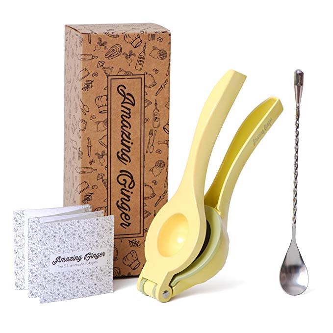 Premium Quality Metal Lemon Squeezer & Mixing Spoon Bundle by Amazing Ginger - Lemonade Recipe Booklet included - Top Rated Manual Lime & Citrus Press Juicer set - Best Kitchen Gadget Gift Idea