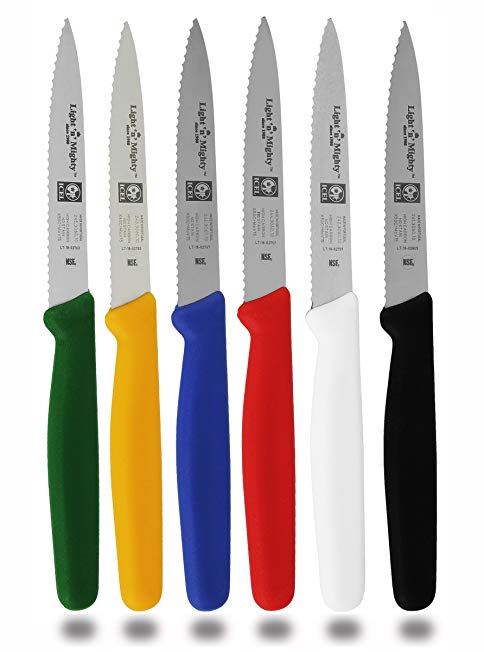 6-Piece Serrated Paring Knife Set. Great For All Kind of Kitchen Prep work, Like Chopping Mincing Dicing. Set Includes One Red, Blue, Yellow, Green,Black and White knives. By ICEL - Light 'n' Mighty