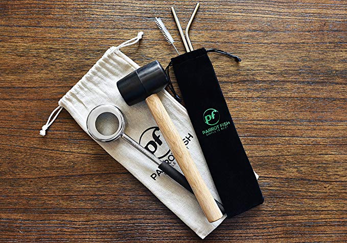 Coconut Opener Tool Set with Stainless Steel Opening Utensil, Rubber Mallet Hammer with BONUS Cleaning Brush,Stainless Steel Straws, Cloth Carry Tote. Enjoy Delicious, Nutritious Coconut Milk and Meat