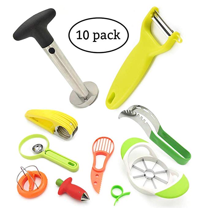 Fruit Slicer Peeler Set of 10, Pineapple Corer, Avocado Knife, Watermelon Slicer, Apple Corer Slicer, Banana Cantaloupe Slicer, Melon Baller, Orange Peeler Strawberry Huller, Fruit Tool Sets