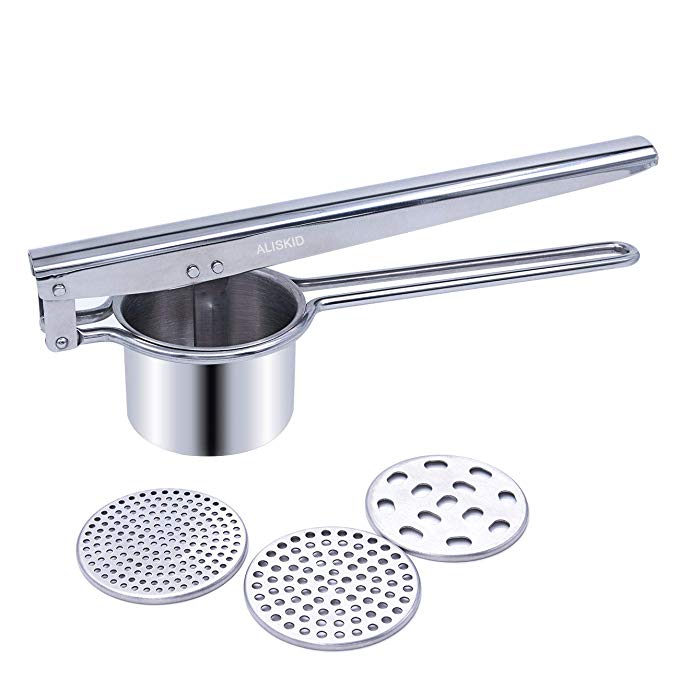 ALIKUGOU Potato Ricer & Masher, Premium Strong Stainless Steel Potato Mashers with 3 Interchangeable Discs