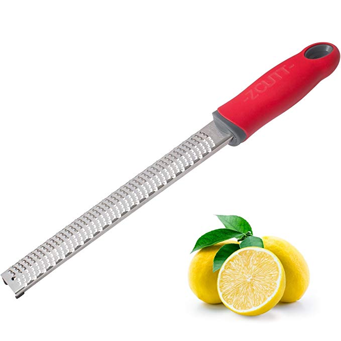 Zcutt™ 8-inch Stainless Steel Zester (Red Handle) with Safety Storage Cover. Lemon, Citrus, Cheese and Spice Grater - Includes Rubber Footings …