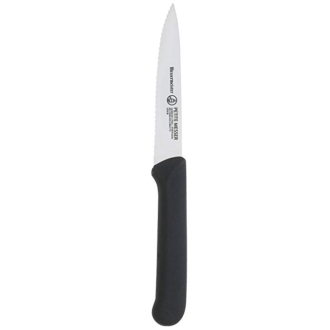 Messermeister 4-Inch Serrated Spear Point Parer with Matching Sheath, Black