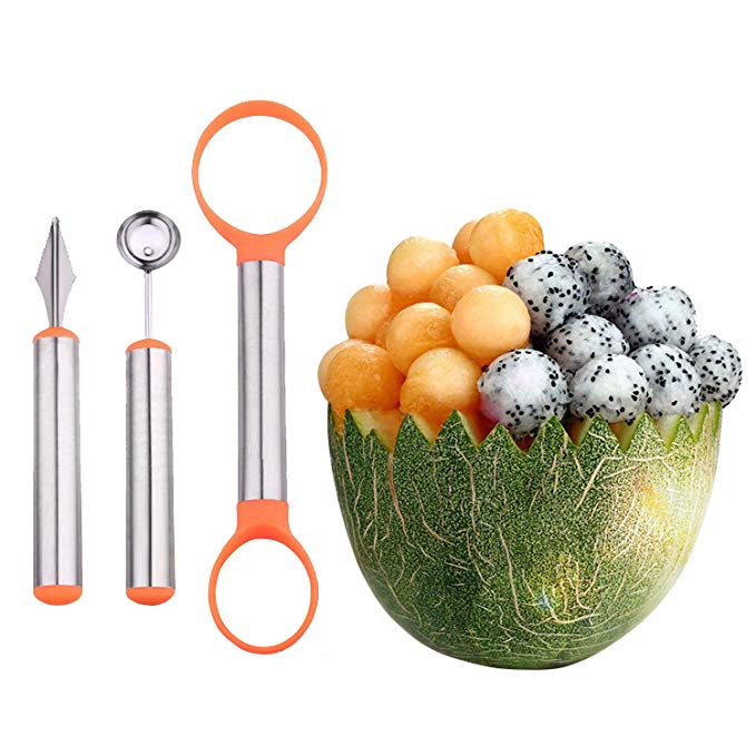 WAAO 3-in-1 Stainless Steel Melon Baller & Carving Knife & Fruit Scoop Set for Fruit Slicer Dig Pulp Separator and Carve