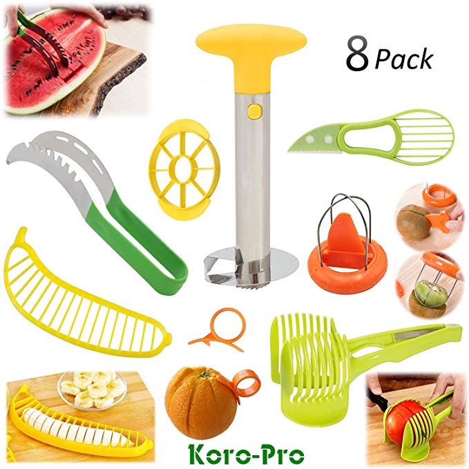 Fruit Slicer Peeler Set - Stainless Steel Pineapple Corer, Watermelon Slicer, Plastic Banana Tomato Kiwi Avocado Slicer and Orange Peeler - Kitchen Fruit Tools Kit 8 Pack