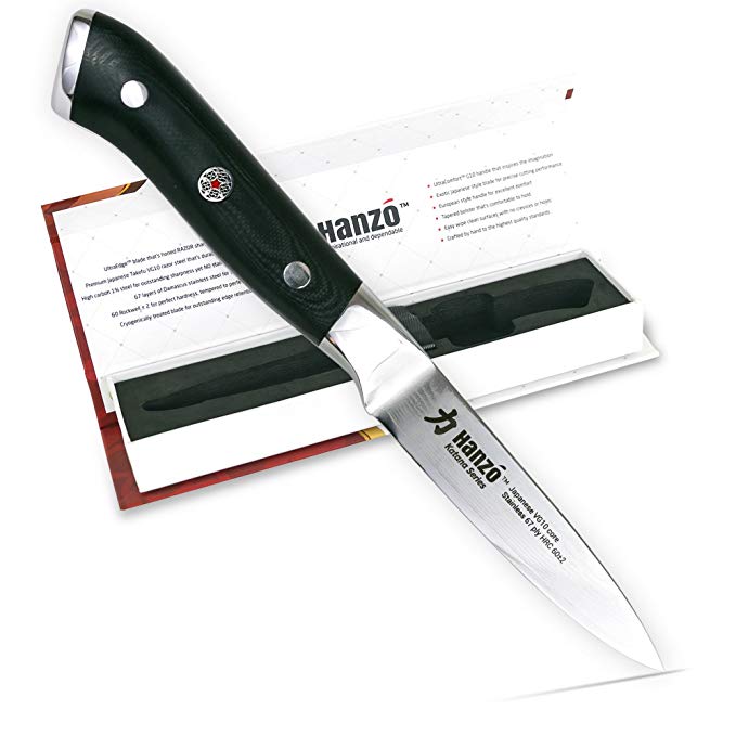 HANZO Paring Professional Chef Knife - 3.75 inch Katana Series - 67 ply Japanese VG10 steel - G10 Military Grade Custom Contoured Handle – Outstanding handling and edge retention