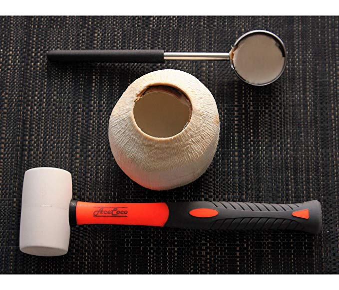 [2018 Version] Coconut Opening Tool Set. Food Grade Stainless Steel tool and Wooden Hammer to open Young Coconuts. Safe Home & Kitchen Opener. Best Quality Gavel to open coconuts with ease